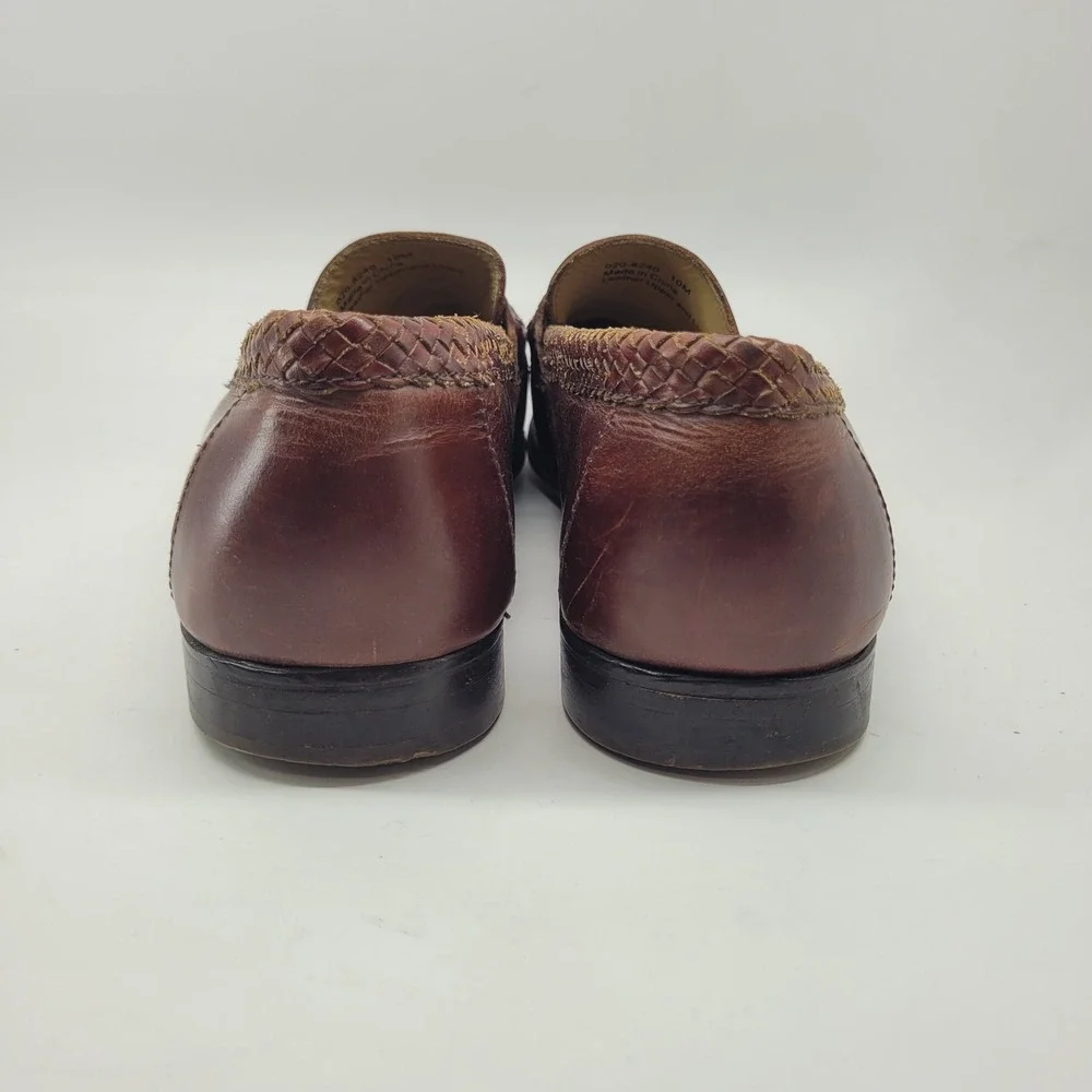 Johnston Murphy Mens 10M Brown Leather Tassel Loafers Woven Trim‎ Dress Shoes